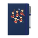 A beautiful designed navy notebook featuring a vibrant illustration of dancing piper bears in red and black, playing bagpipes joyfully. A navy strap closes over the right hand side with a matching pen.