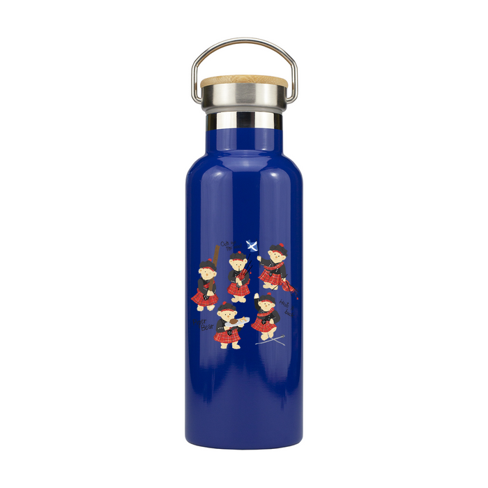 Blue water bottle featuring 5 dancing bears dressed in highland dress. 