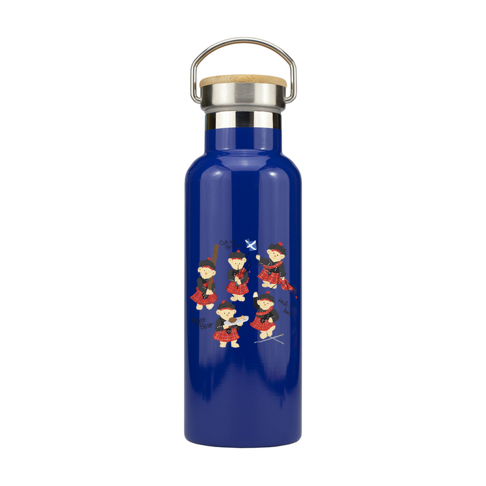 Navy water bottle featuring 5 dancing teddy bears in Highland Dress. 