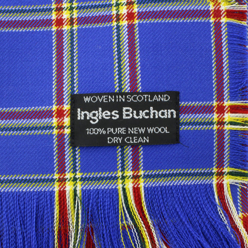 close up of the labelling and tartan on the Abbot Bernard pure new wool tartan stole