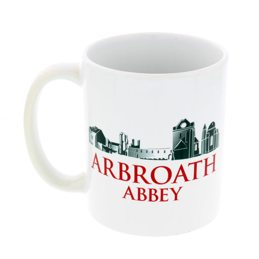 arbroath abbey white coffee mug with red text and monochrome illustration of the abbey 