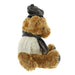 Side view of a soft brown teddy bear wearing an Arran jumper, tweed hat and scarf. 