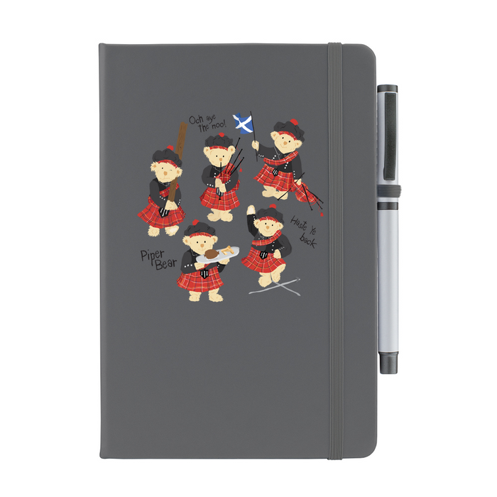 Dark Grey notepad with pen featuring dancing Piper Bear teddy's.
