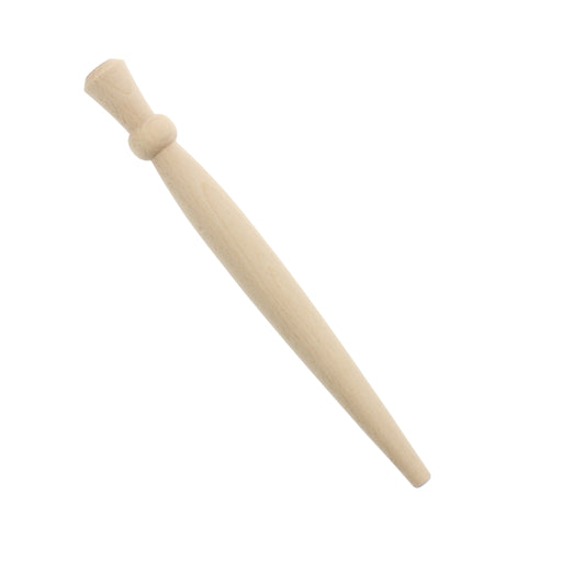large turned wooden beechwood porridge spurtle on white background shown at angle
