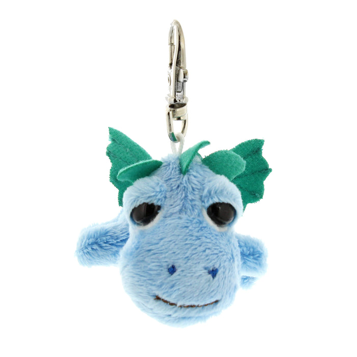 Blue furry dragon keyring with green wings and horns, front view