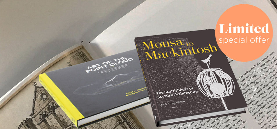 image of new historic scotland mousa book sitting alongside art of the point cloud book with limited special offer label