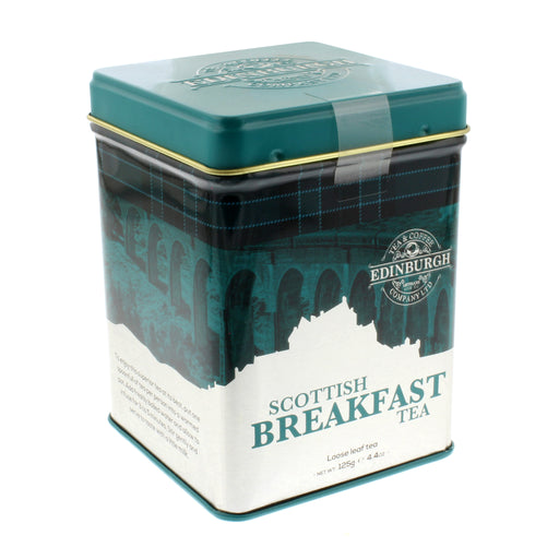 Green and white tin with tartan containing Scottish loose leaf tea 