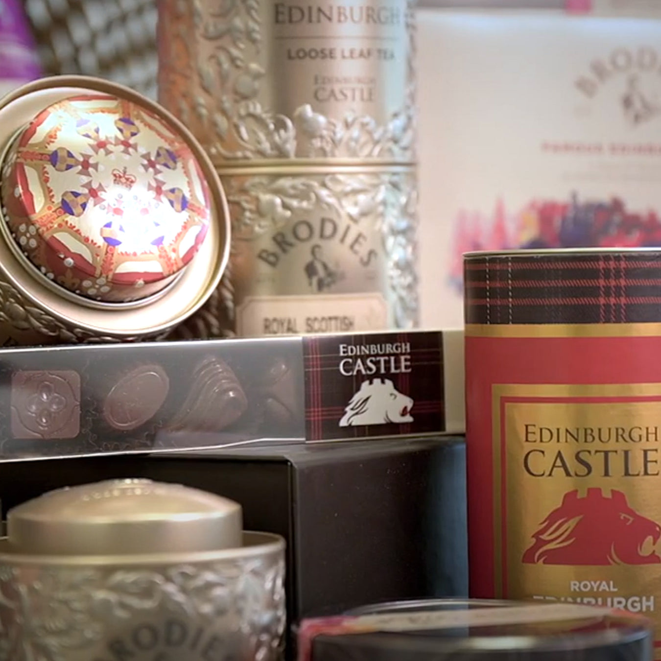 selection of brodies tea and chocolates shown featuring edinburgh castle logo