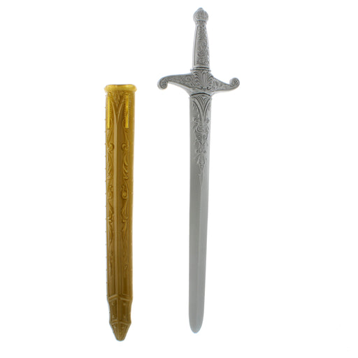 silver plastic childrens toy sword with gold scabbard shown side by side