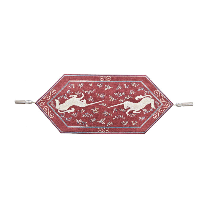red and cream cluny unicorn small table runner with tassel at either end