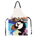 coast apron with colourful fishing village scene and large puffin bird illustration to center with fish in mouth