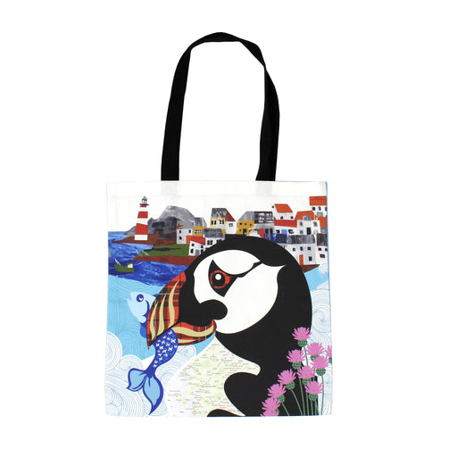 puffin cotton tote bag with colourful lighthouse illustration