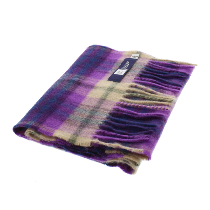 Cashmere Coorie scarf in a purple and cream tartan folded showing the official HES label against a white background