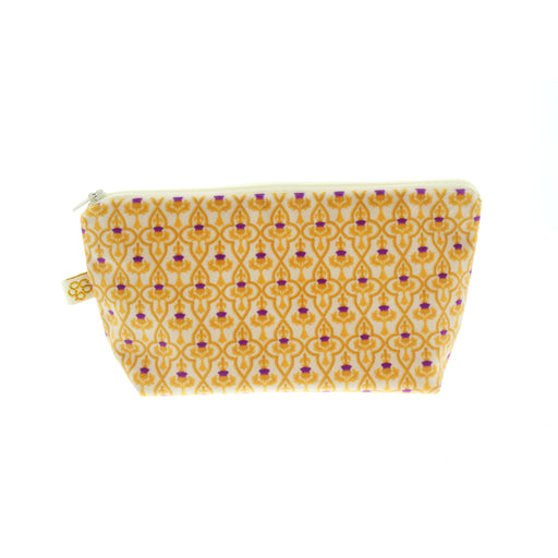 soft rectangular cosmetic bag with a gold and purple thistle lace print 