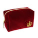 Red velvet cosmetic bag with gold zip and embossed with a gold crown 