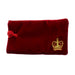 Soft red velvet glasses pouch embossed with a gold crown in the corner
