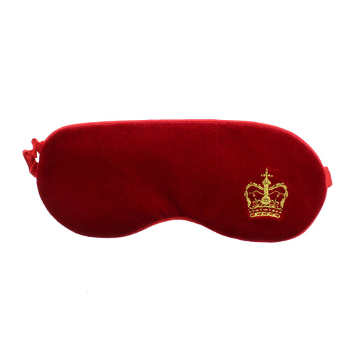 plush red velvet eye mask featuring a gold embossed crown
