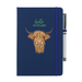 Navy soft feel note pad with a highland cow motif. the text above reads 'hello SCOTLAND' and comes with a silver pen attached.