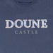 Close up of the Doune Castle tartan logo on a navy blue t-shirt