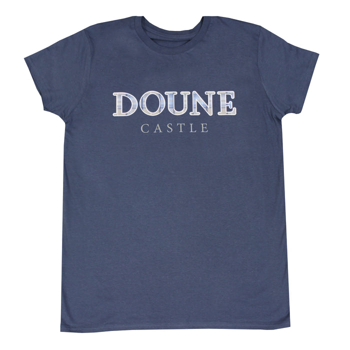Navy blue t-shirt with Doune Castle official tartan logo across the chest 