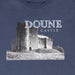 close up of the castle print and logo of Doune Castle on a navy t-shirt