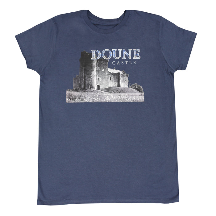 Navy blue t-shirt with Doune Caste printed and official tartan logo across the chest