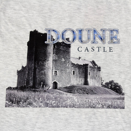 Close up of the Doune Castle image and tartan logo on a grey marl t-shirt
