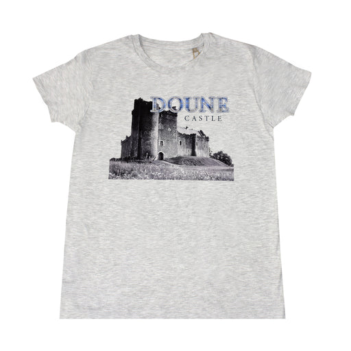 grey marl t-shirt features grey image of Doune Castle and official tartan logo