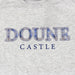 Close up of the official Doune Castle tartan logo on a grey t-shirt