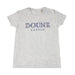 Grey marl tee with the official Doune Castle logo in tartan across the chest 
