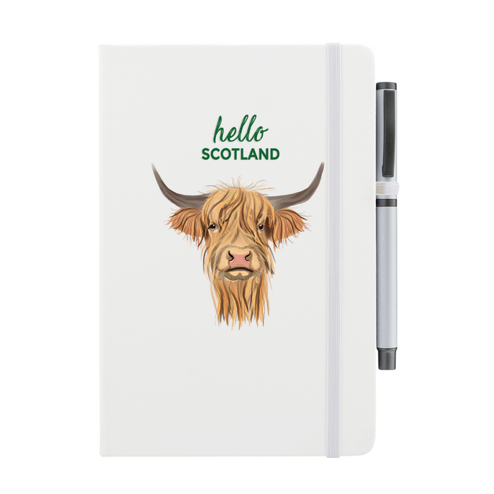 White notebook featuring a Highland Cow on the front. Pen include. 