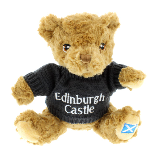 edinburgh castle small teddy bear with black wooly jumper with embroidered edinburgh castle wording and saltire on foot