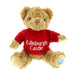 edinburgh castle small teddy bear with red wooly jumper with embroidered edinburgh castle wording and saltire on foot
