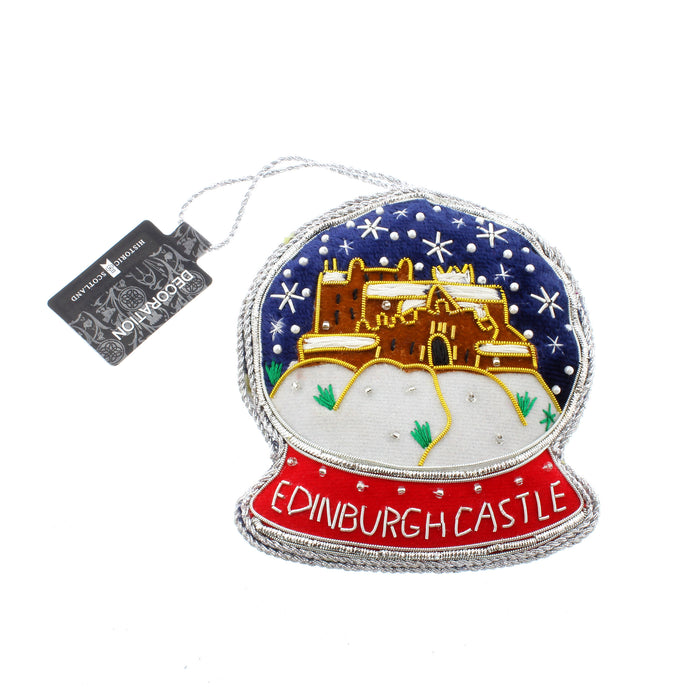 hand made Christmas decoration in the shape of a snow globe with Edinburgh Castle at night