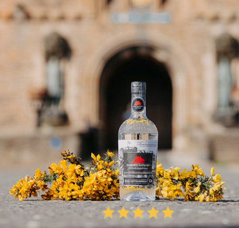 Edinburgh Castle Gin bottle sitting in front of Castle with gorse flowers behind bottle