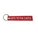 Red fabric keyring with the words 'Keys to the Castle' embossed on the front and back