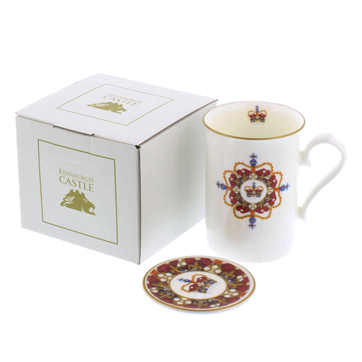 edinburgh castle mug and coaster set shown with gift box