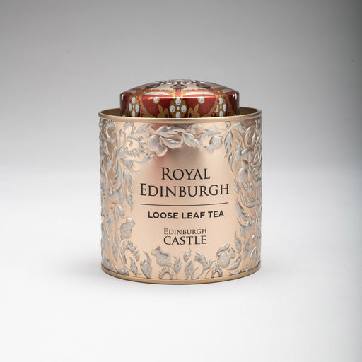 rose gold coloured tin of royal Edinburgh loose leaf tea Edinburgh castle