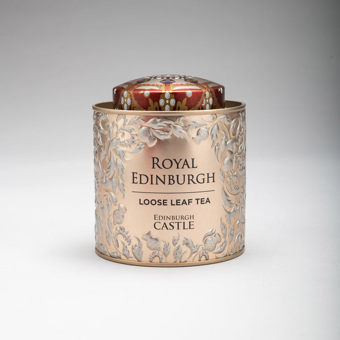 rose gold coloured tin of royal Edinburgh loose leaf tea Edinburgh castle