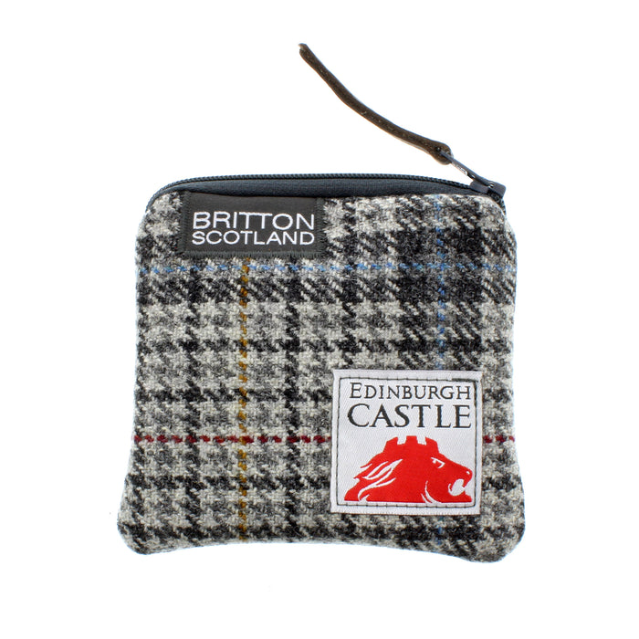Zipped small square tartan purse made from the official Edinburgh Castle Harris Tweed