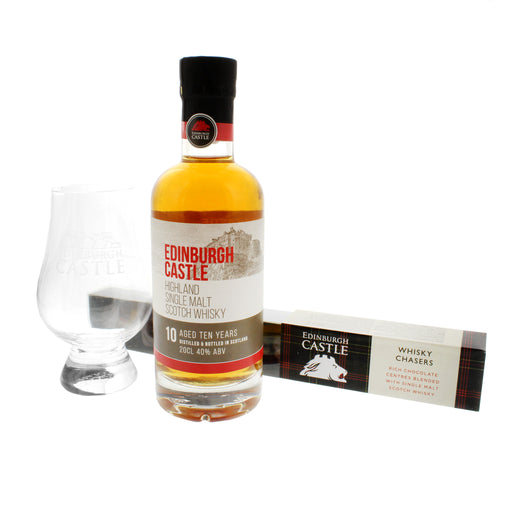 Edinburgh Castle Whisky Gift set with 20cl Bottle of the official Edinburgh Whisky, a clear branded Edinburgh Castle Whisky Glass and a small box of Edinburgh Castle Whisky Chaser Chocolates 