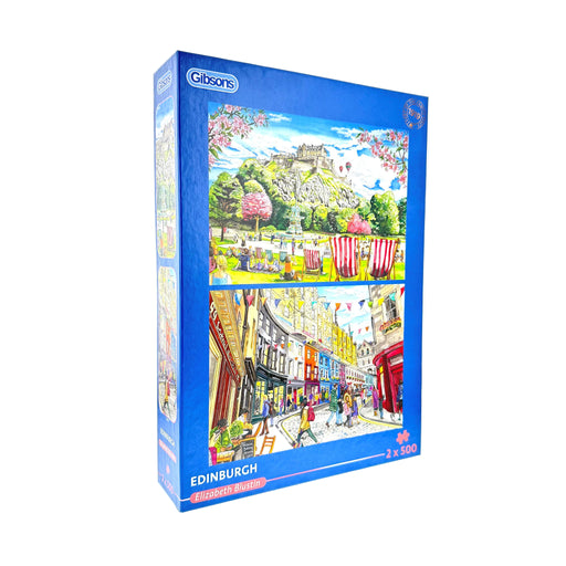 Gibsons Edinburgh puzzle box with images of a castle and street scene on a white background - Image