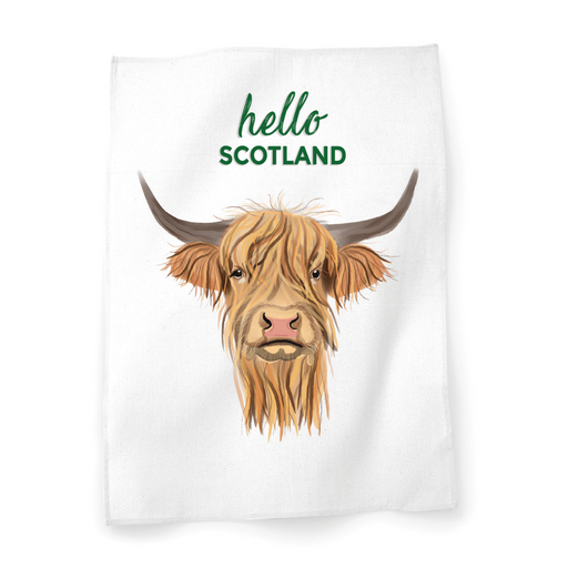 White Cotton Tea Towel featuring a Highland Cow motif