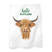 White Cotton Tea Towel featuring a Highland Cow motif