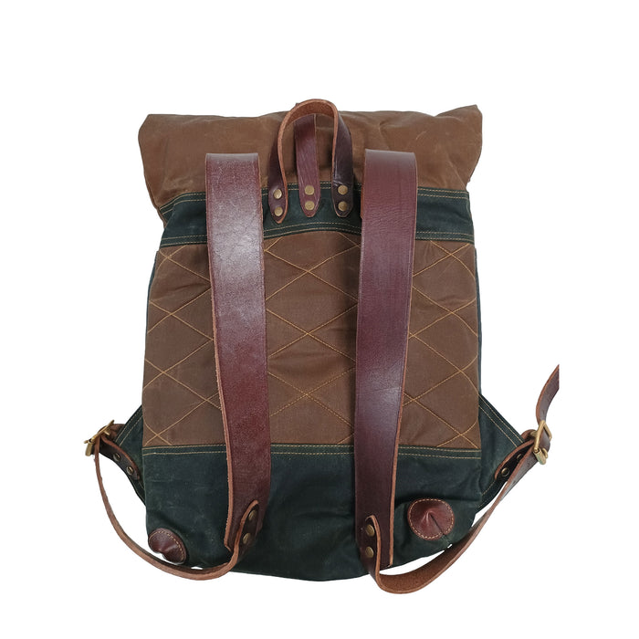 A vintage-style canvas backpack with a brown waxed cotton body, dark green canvas panels, and reddish-brown leather straps, shown against a plain white background. - Image