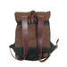 A vintage-style canvas backpack with a brown waxed cotton body, dark green canvas panels, and reddish-brown leather straps, shown against a plain white background. - Image