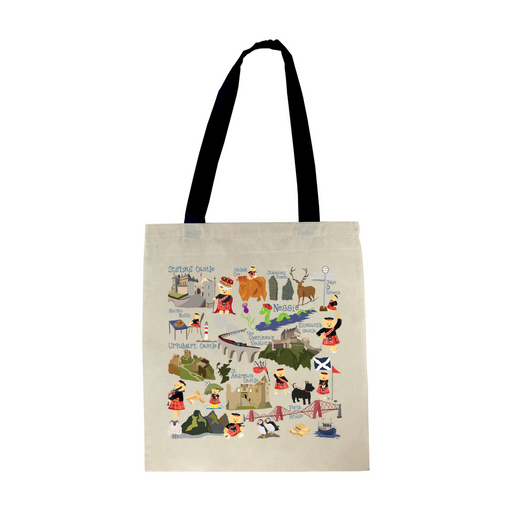 Cotton Tote with black straps features a map print of Scotland's landmarks including Urquhart Castle, The Forth Rail Bridge, Puffins, the mythical Loch Ness Monster as well as many teddy bears dressed in Highland Dress. 