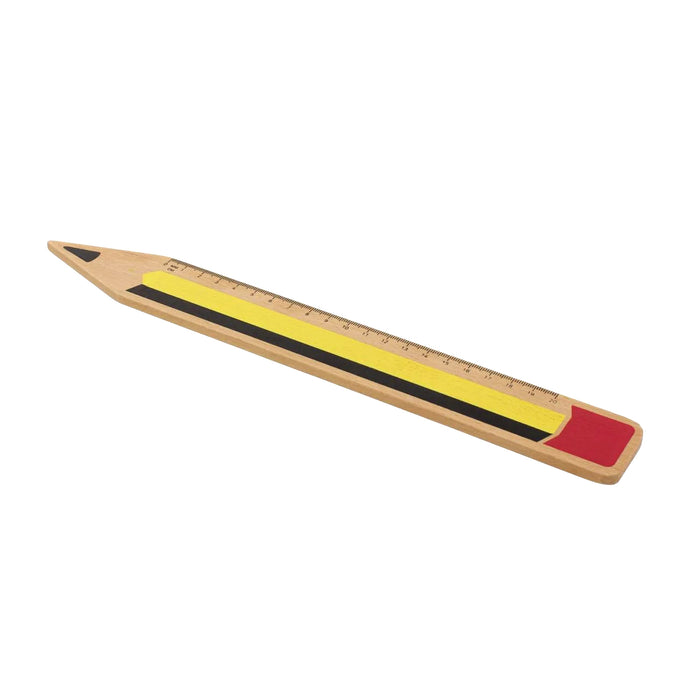 Giant ruler in the shape of a yellow and black writing pencil 