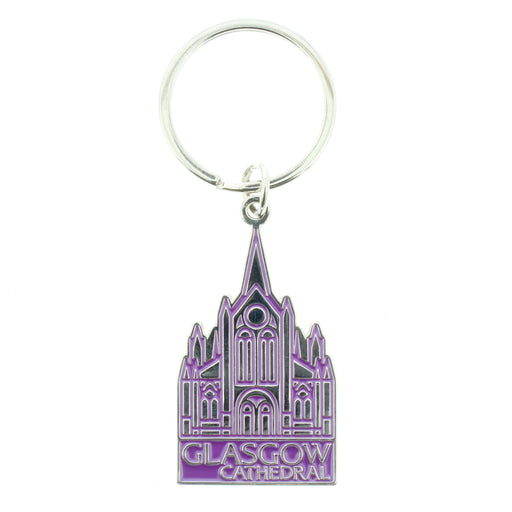 glasgow cathedral purple and silver key ring in shape of cathedral with title at bottom