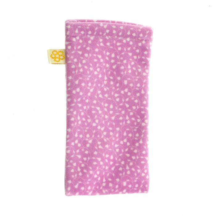 Soft glasses case with a pink base and white tulip print